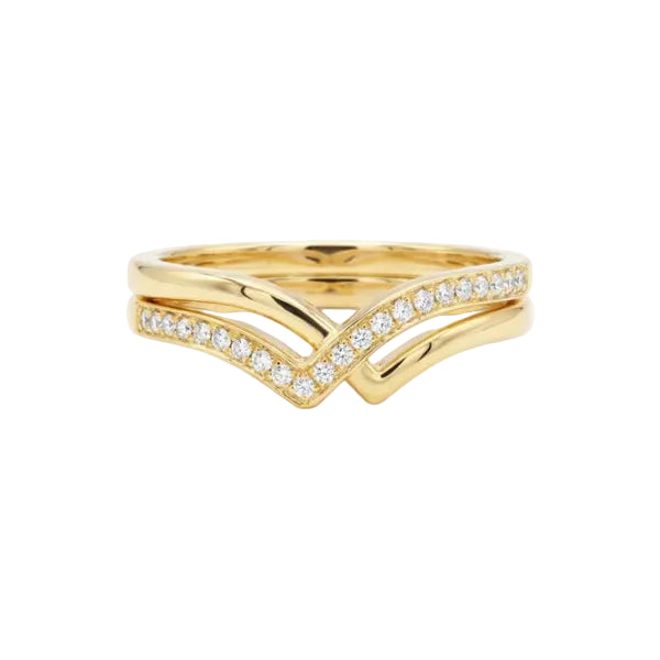 A gold double-band ring featuring a V-shaped crossover design, with one band paved with small clear stones and the other polished gold band, shown on a plain white background.