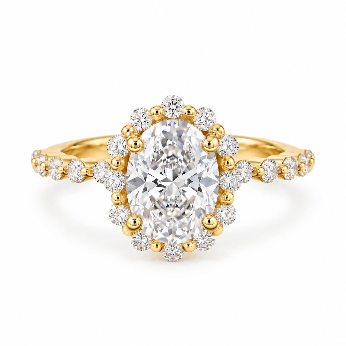 oval lab grown diamond engagement ring in gold, three-quarter view