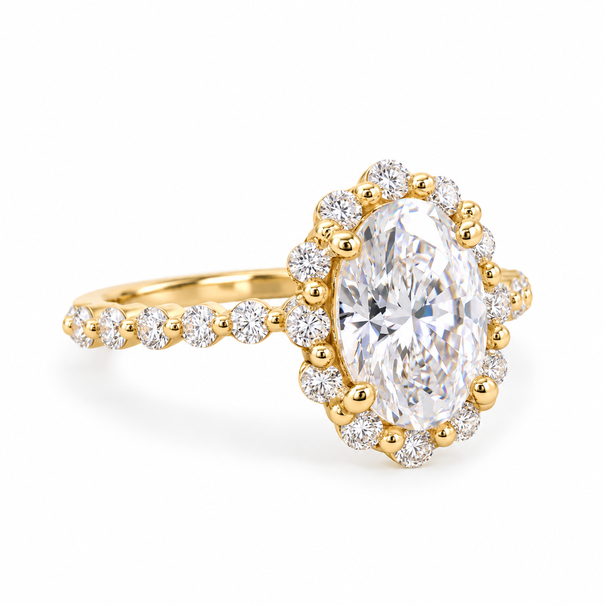 oval lab grown diamond engagement ring in gold, top view
