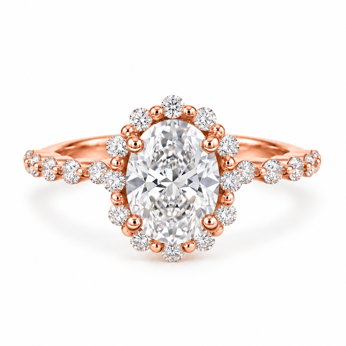 oval lab grown diamond engagement ring in gold, on-hand