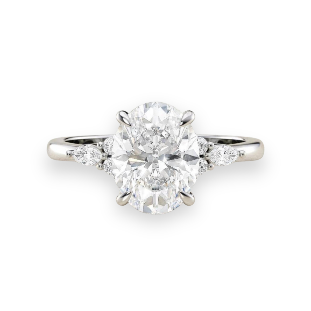 oval lab grown diamond engagement ring in silver, side profile
