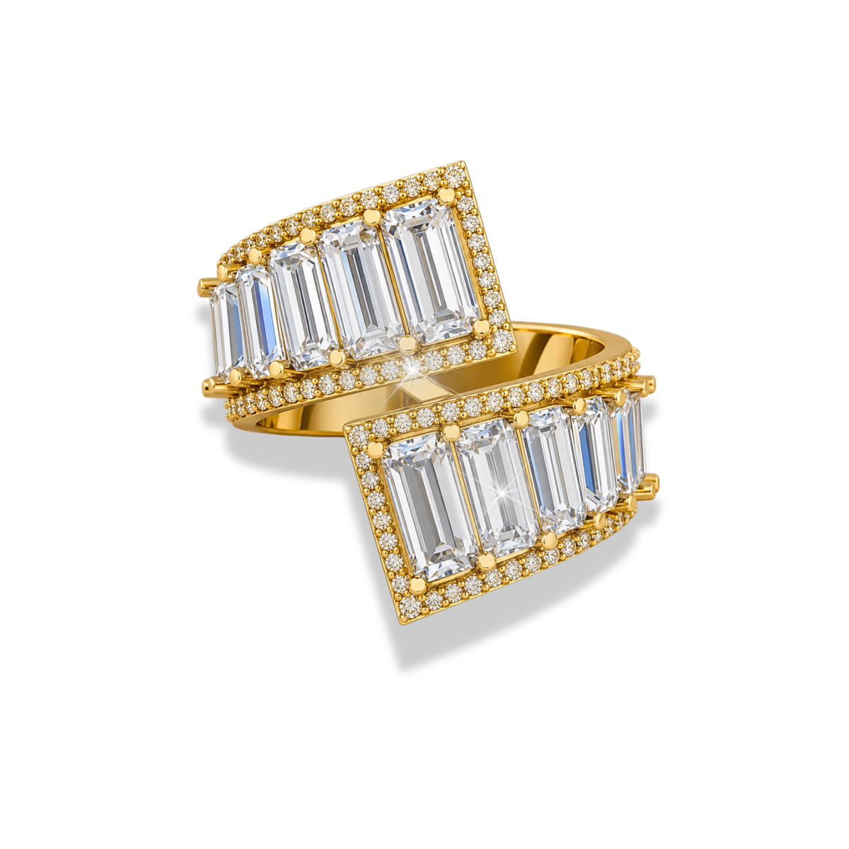 Emerald Cut Moissanite And Lab Grown Diamond Halo Gold Statement Ring