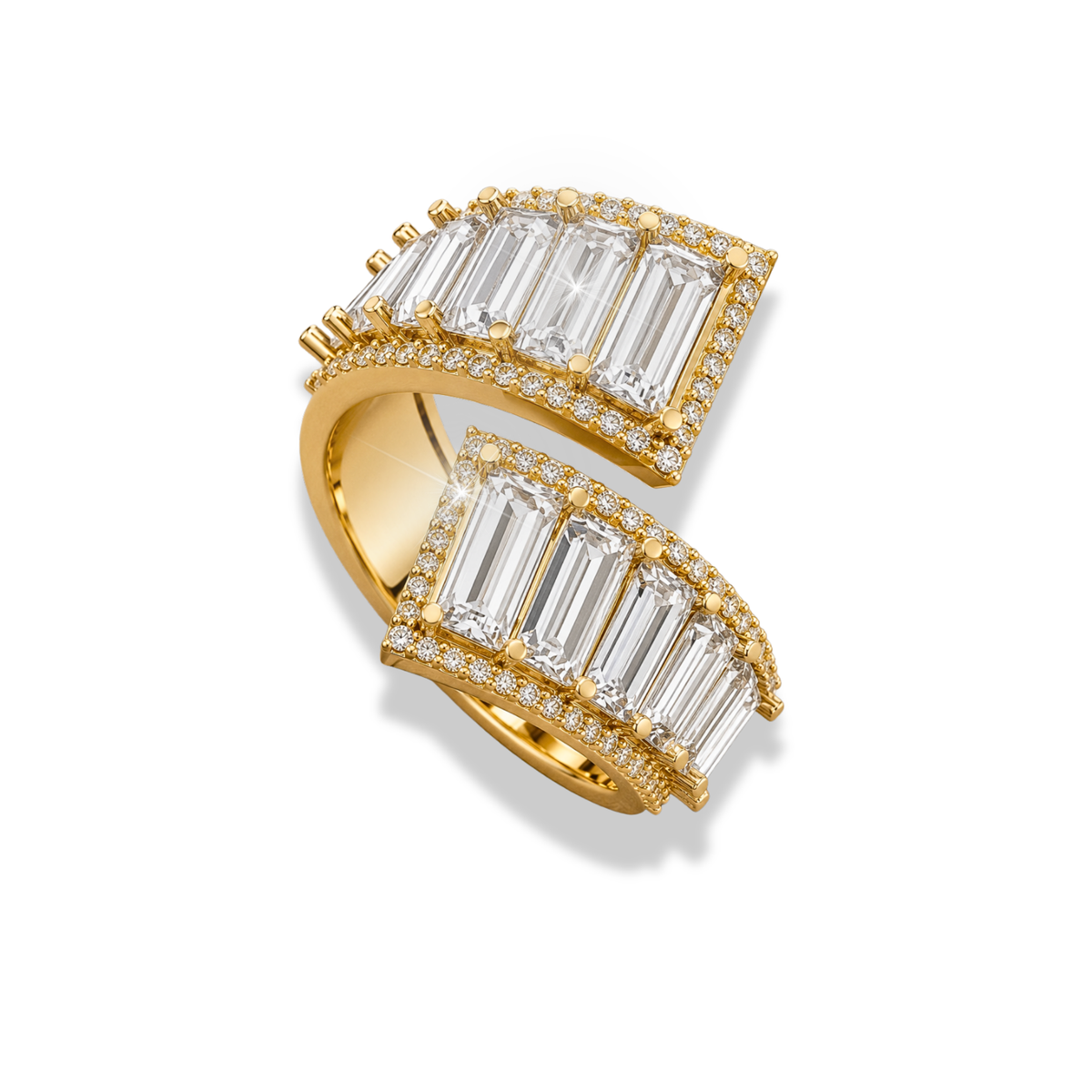 Emerald Cut Moissanite And Lab Grown Diamond Halo Gold Statement Ring