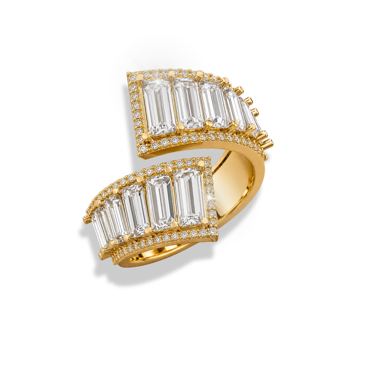 Emerald Cut Moissanite And Lab Grown Diamond Halo Gold Statement Ring