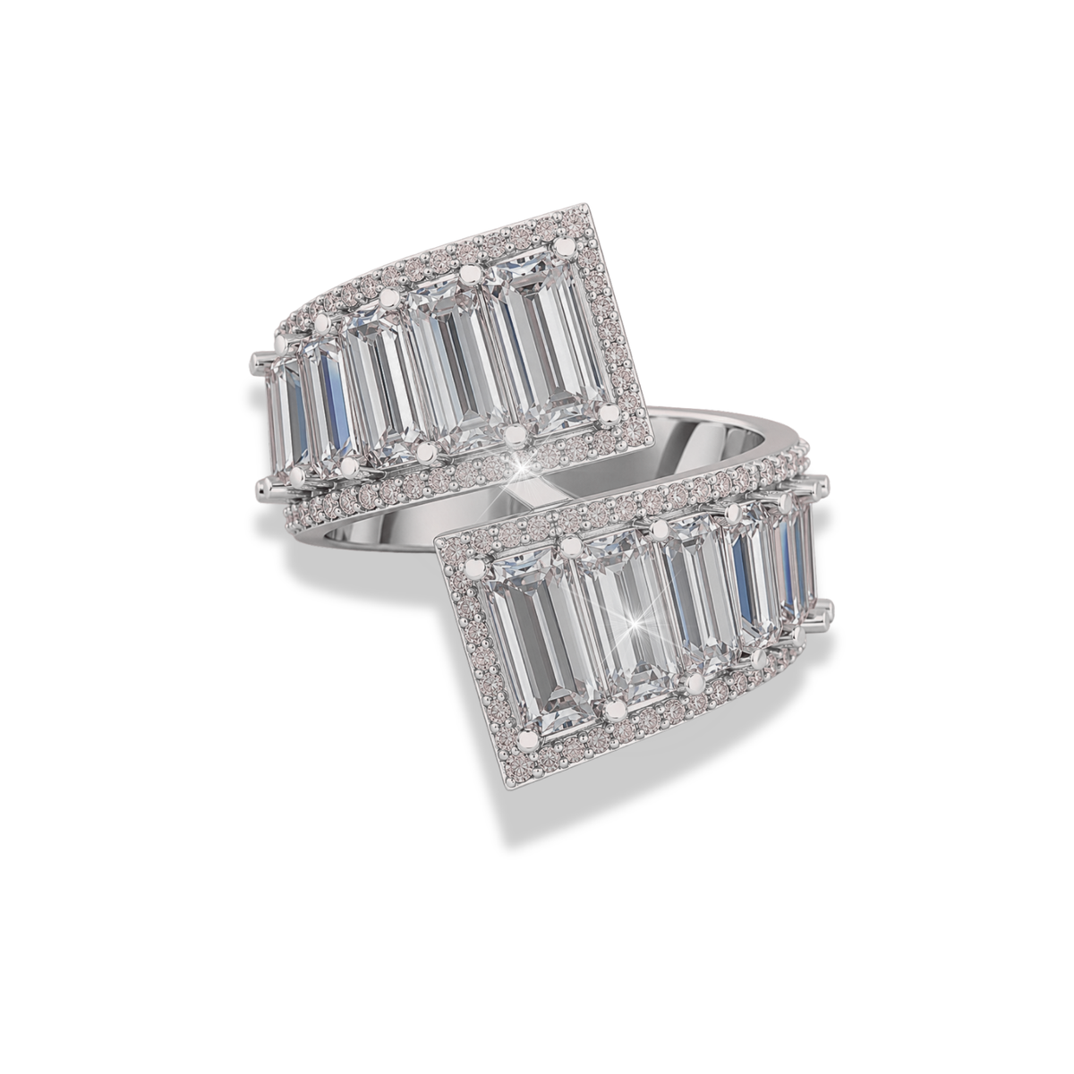 Emerald Cut Moissanite And Lab Grown Diamond Halo Gold Statement Ring