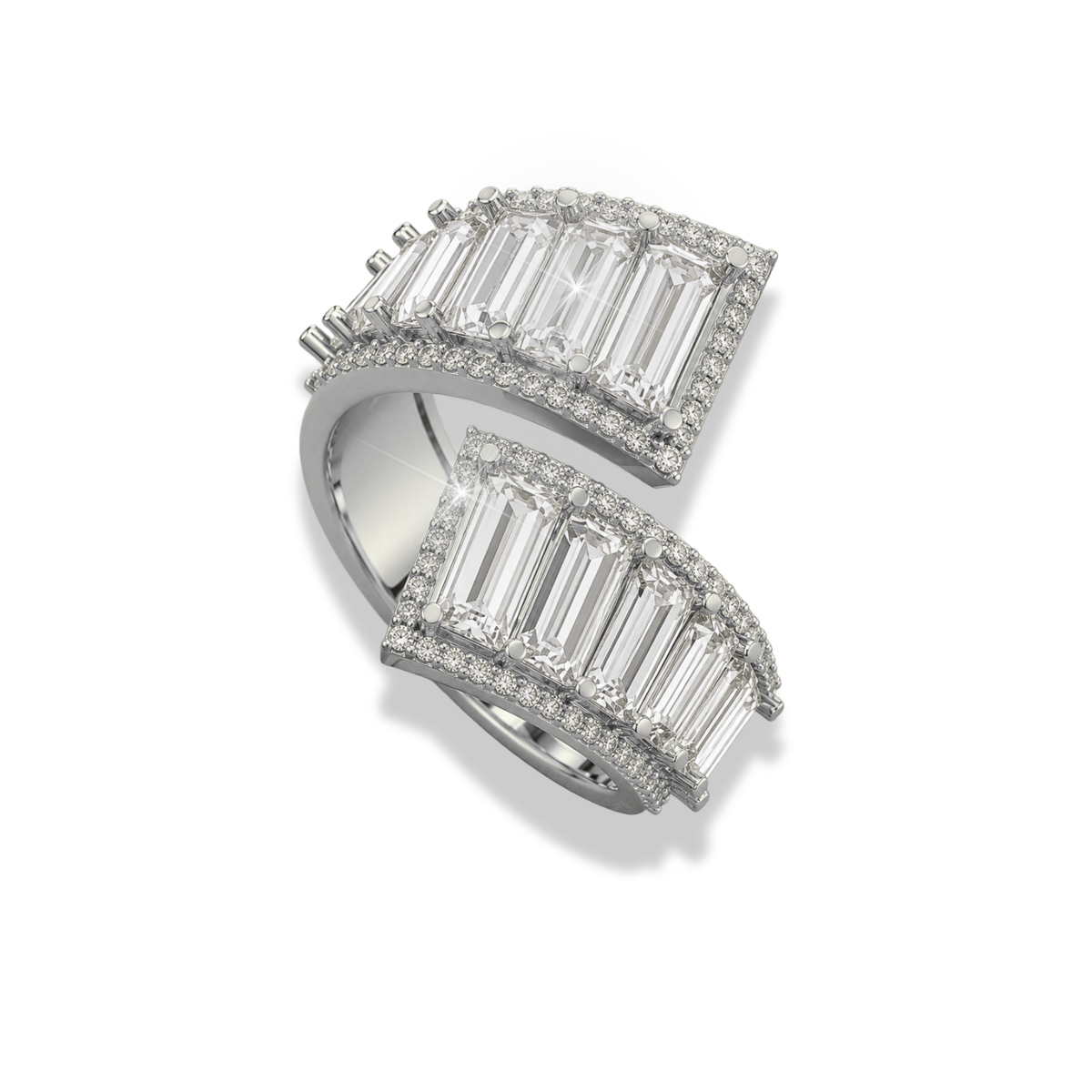 Emerald Cut Moissanite And Lab Grown Diamond Halo Gold Statement Ring