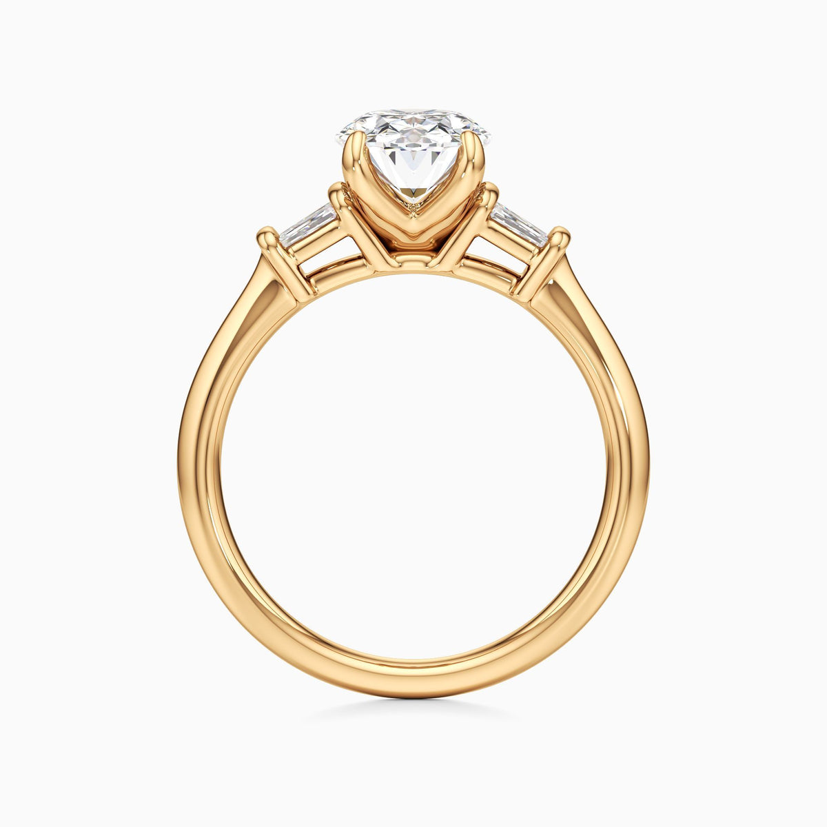 Oval Cut Lab Grown Diamond Three-Stone Engagement Ring with Tapered Baguettes