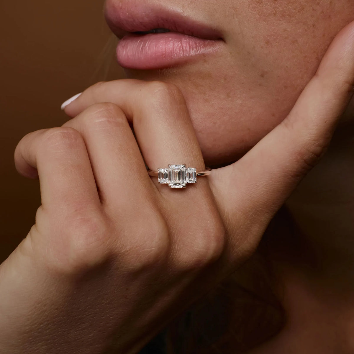 emerald lab grown diamond engagement ring in gold, on-hand
