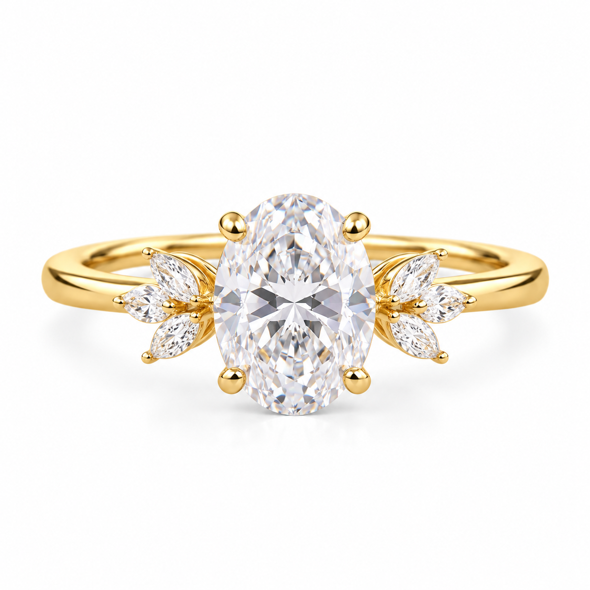 oval lab grown diamond engagement ring in gold, three-quarter view