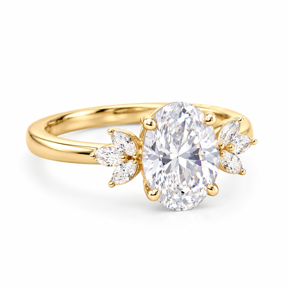 oval lab grown diamond engagement ring in gold, top view