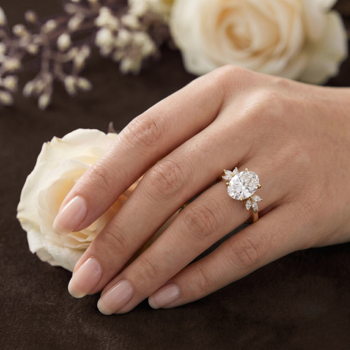 oval lab grown diamond engagement ring in gold, angled view