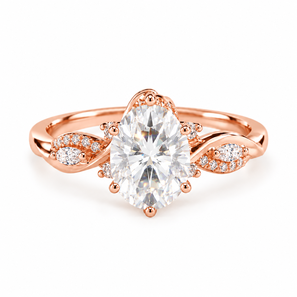oval lab grown diamond engagement ring in gold, detail of the setting