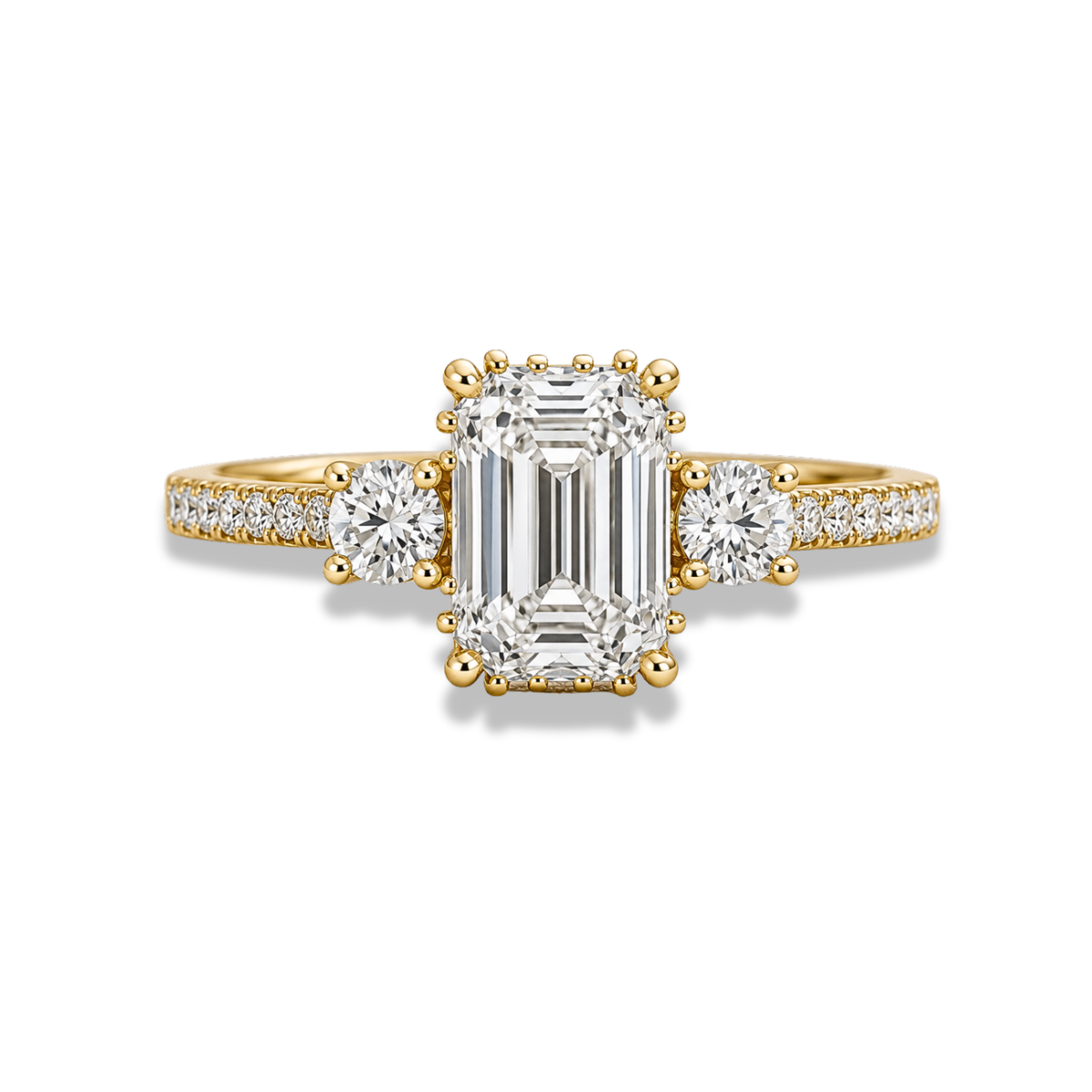 emerald lab grown diamond engagement ring in silver, three-quarter view