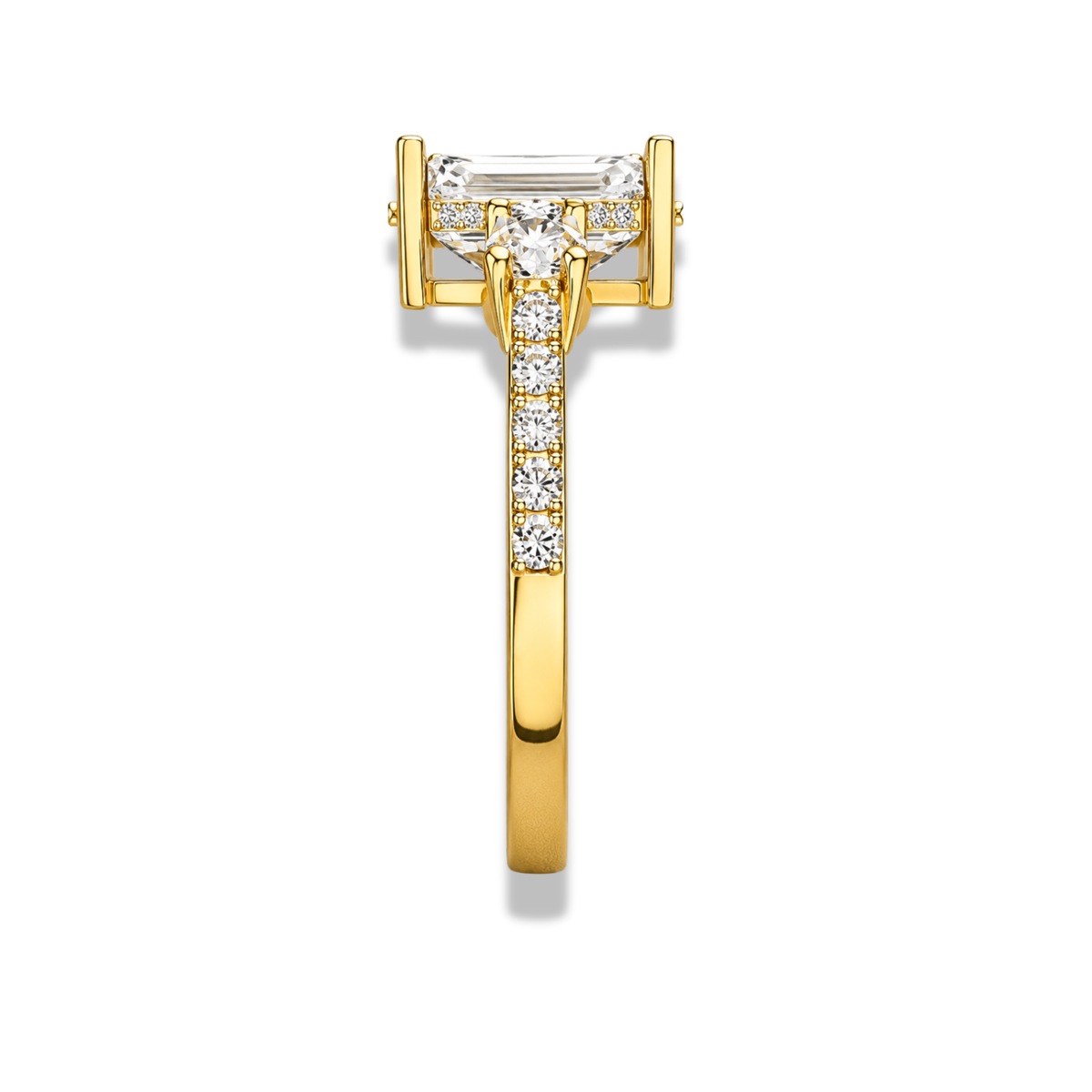 emerald lab grown diamond engagement ring in 14k gold, top view