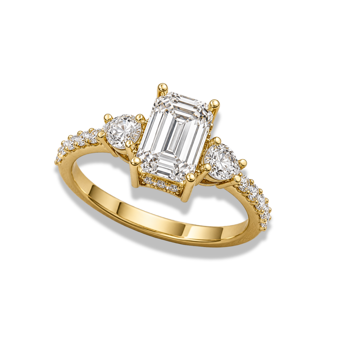 emerald lab grown diamond engagement ring in 18k gold, detail of the setting