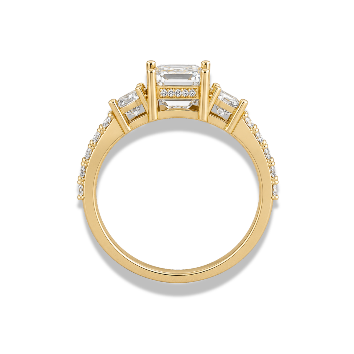 Emerald Cut Lab Grown Diamond & Moissanite Three-Stone Engagement Ring with Round Diamond Side Stones and Pavé Band