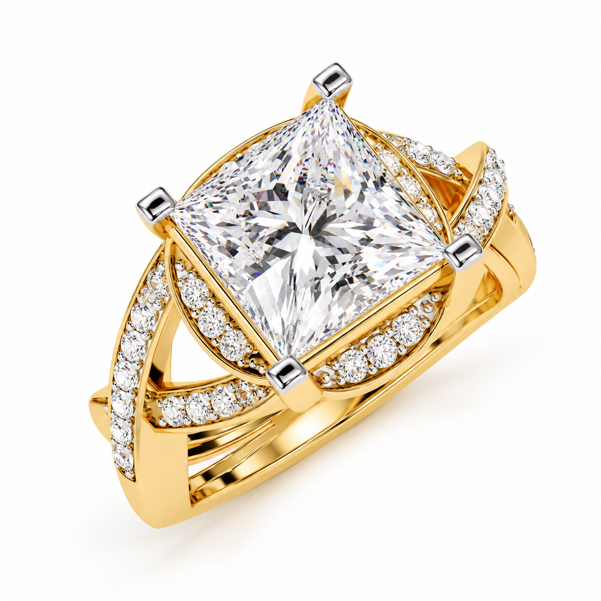 Princess Cut Kite Set Lab Grown Diamond with Split Shank Statement Ring