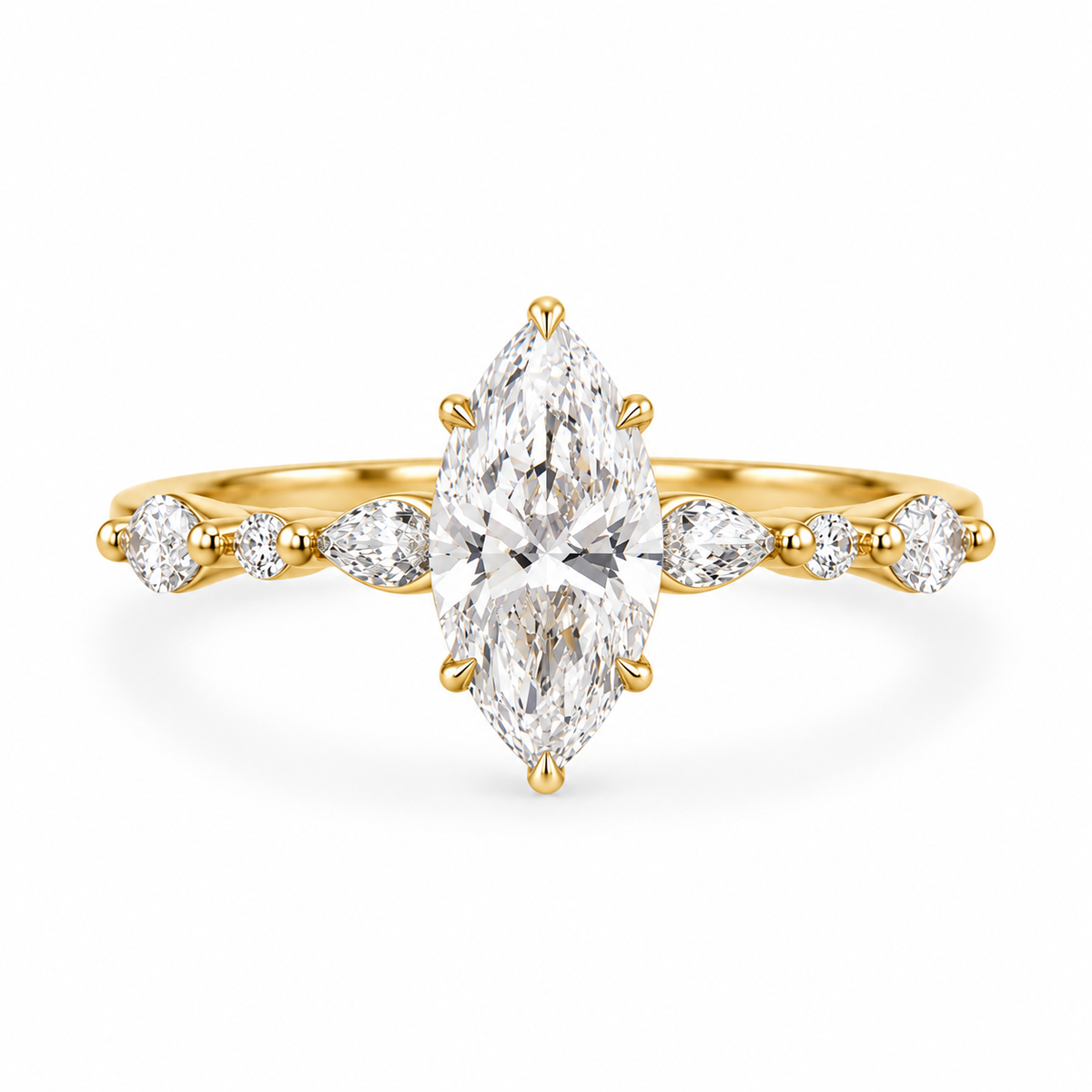 marquise lab grown diamond engagement ring in gold, three-quarter view