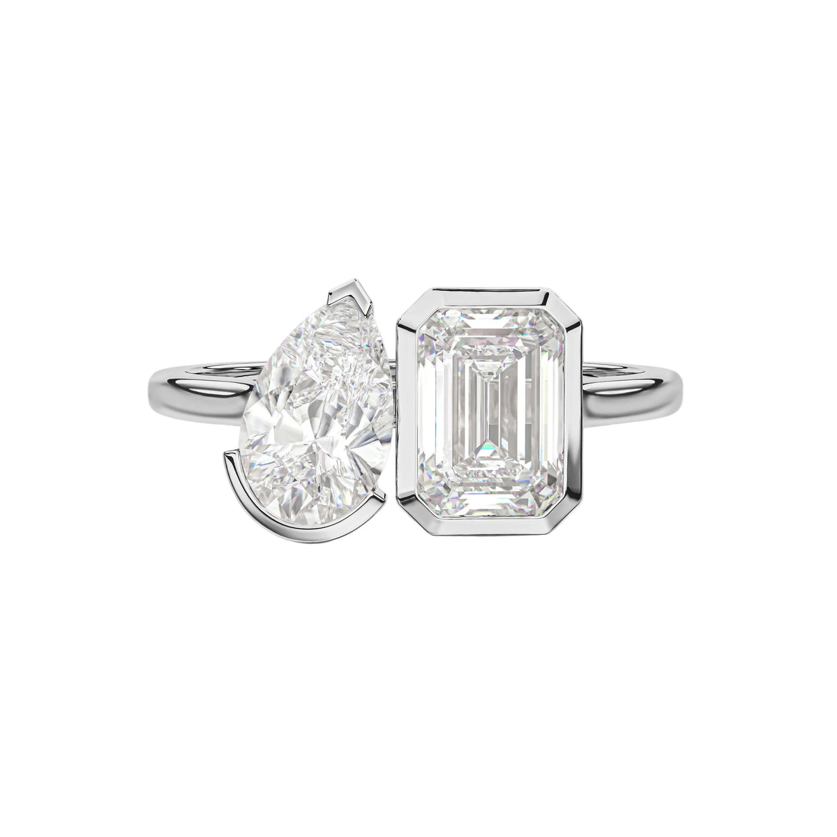 Pear And Emerald Bezel Set Toi et Moi Engagement Ring