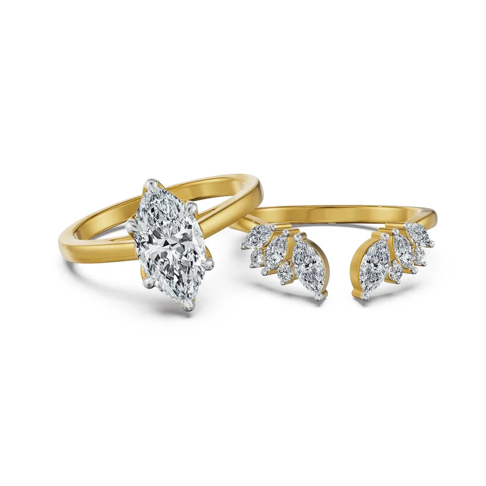 Marquise Crest Round Cut Lab Grown Diamond & Moissanite Bridal Ring Set