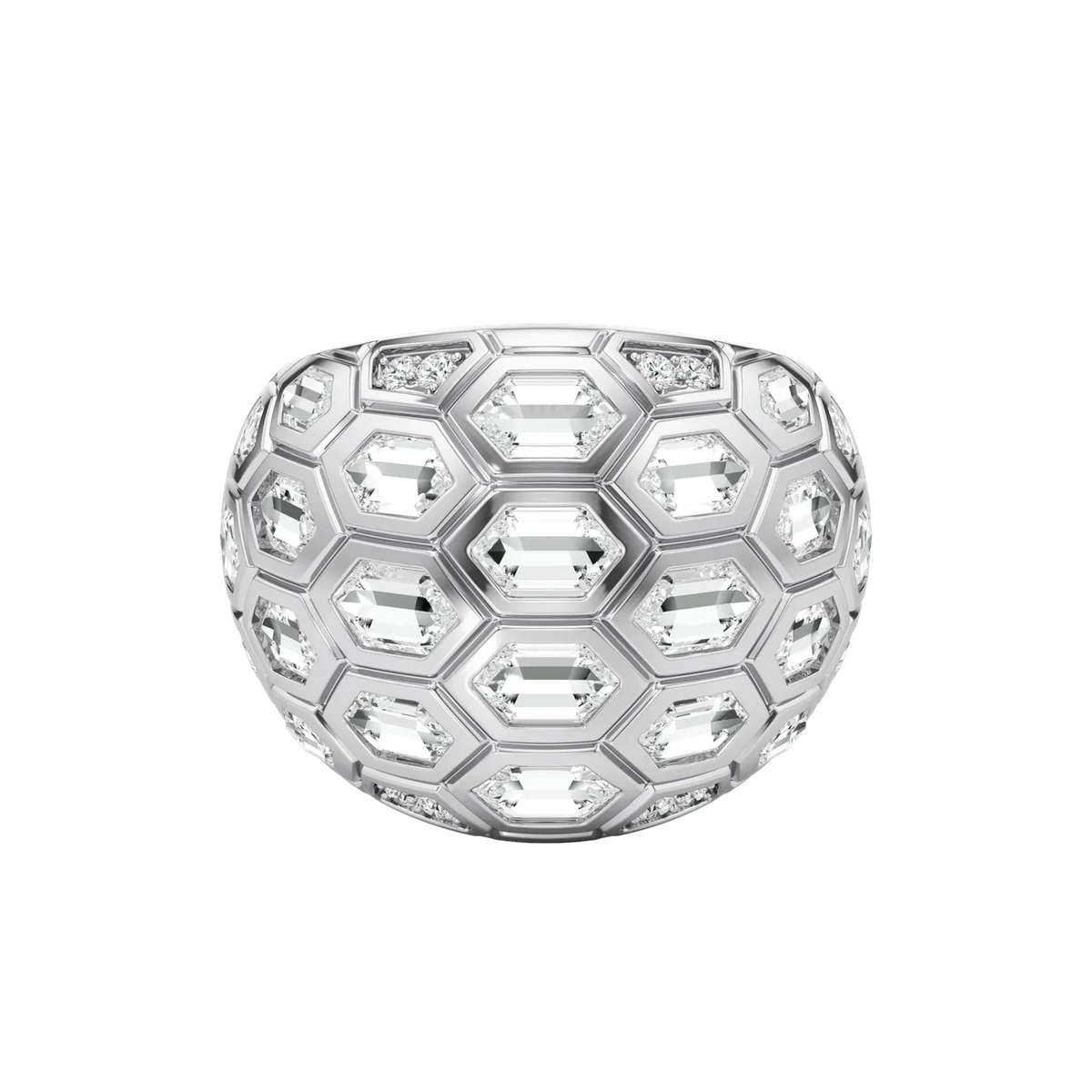 hexagon lab grown diamond statement ring in silver, three-quarter view