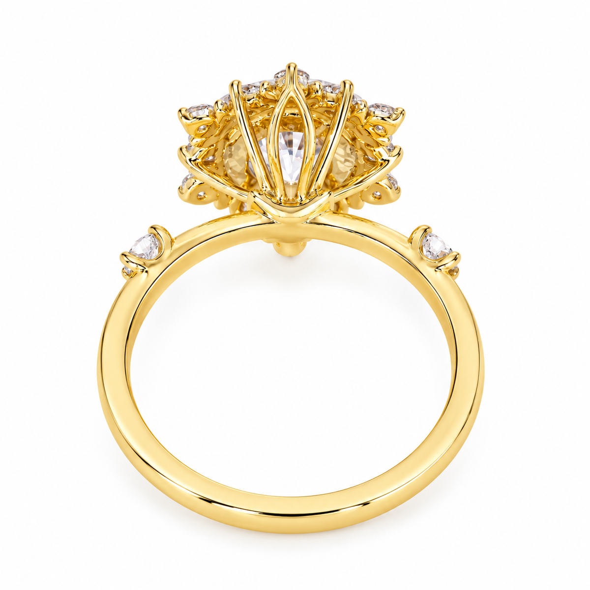 round lab grown diamond engagement ring in gold, top view