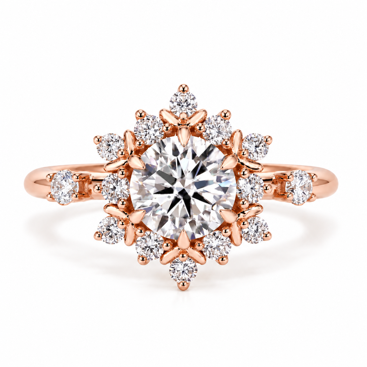 round lab grown diamond engagement ring in gold, detail of the setting