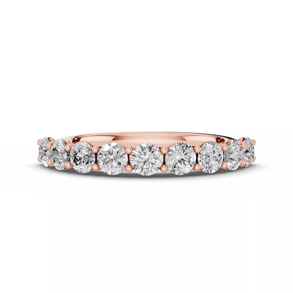 round lab grown diamond band in silver, three-quarter view