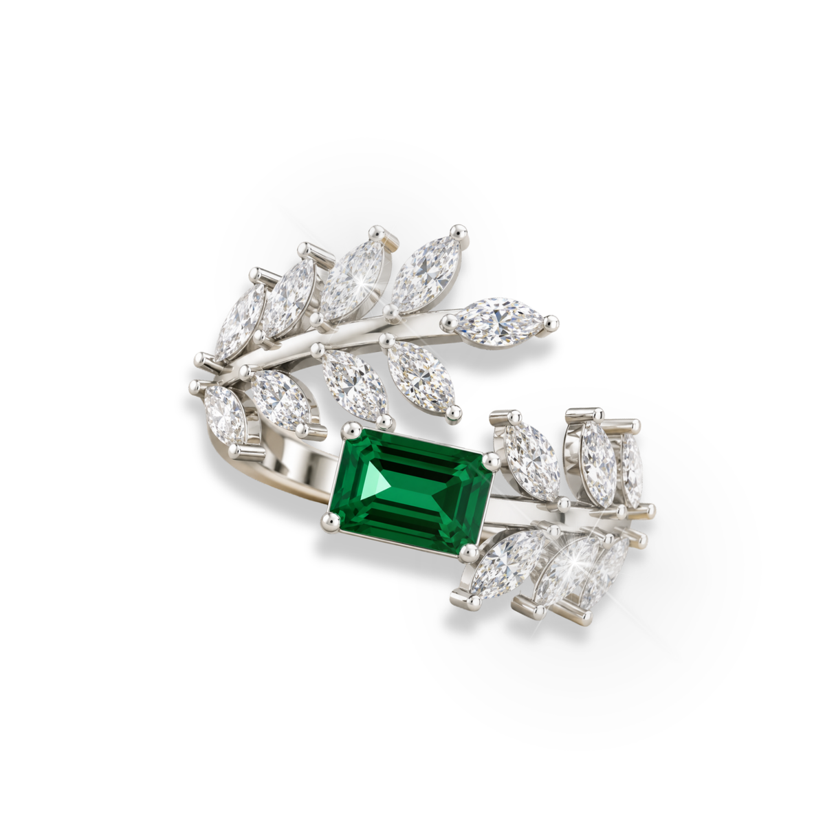 Emerald Cut Lab Grown & Moissanite Leaf Nature Inspired Statement Ring