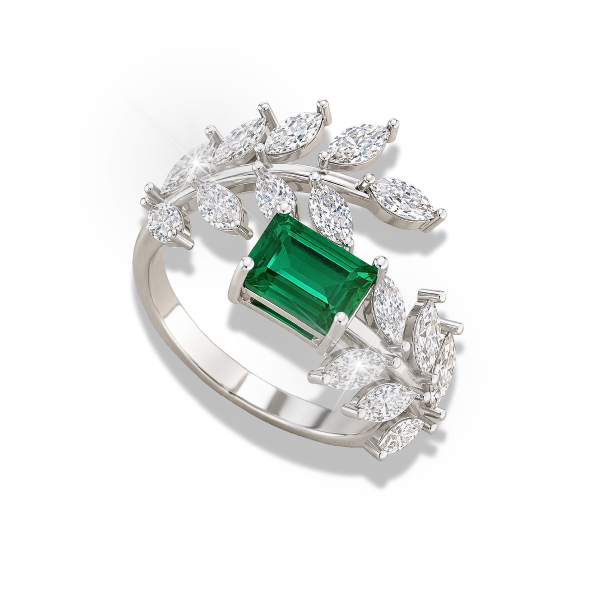 Emerald Cut Lab Grown & Moissanite Leaf Nature Inspired Statement Ring