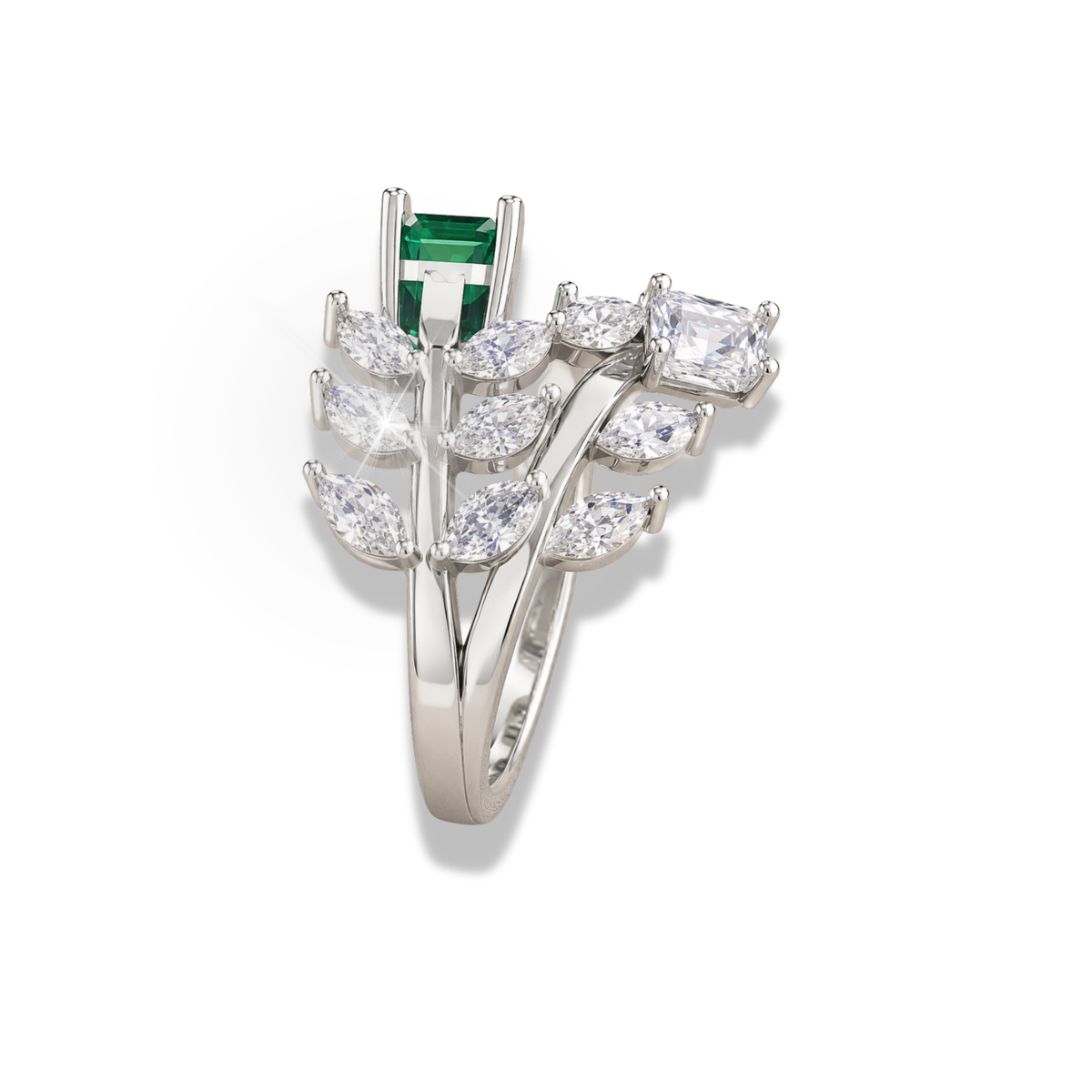 Emerald Cut Lab Grown & Moissanite Leaf Nature Inspired Statement Ring