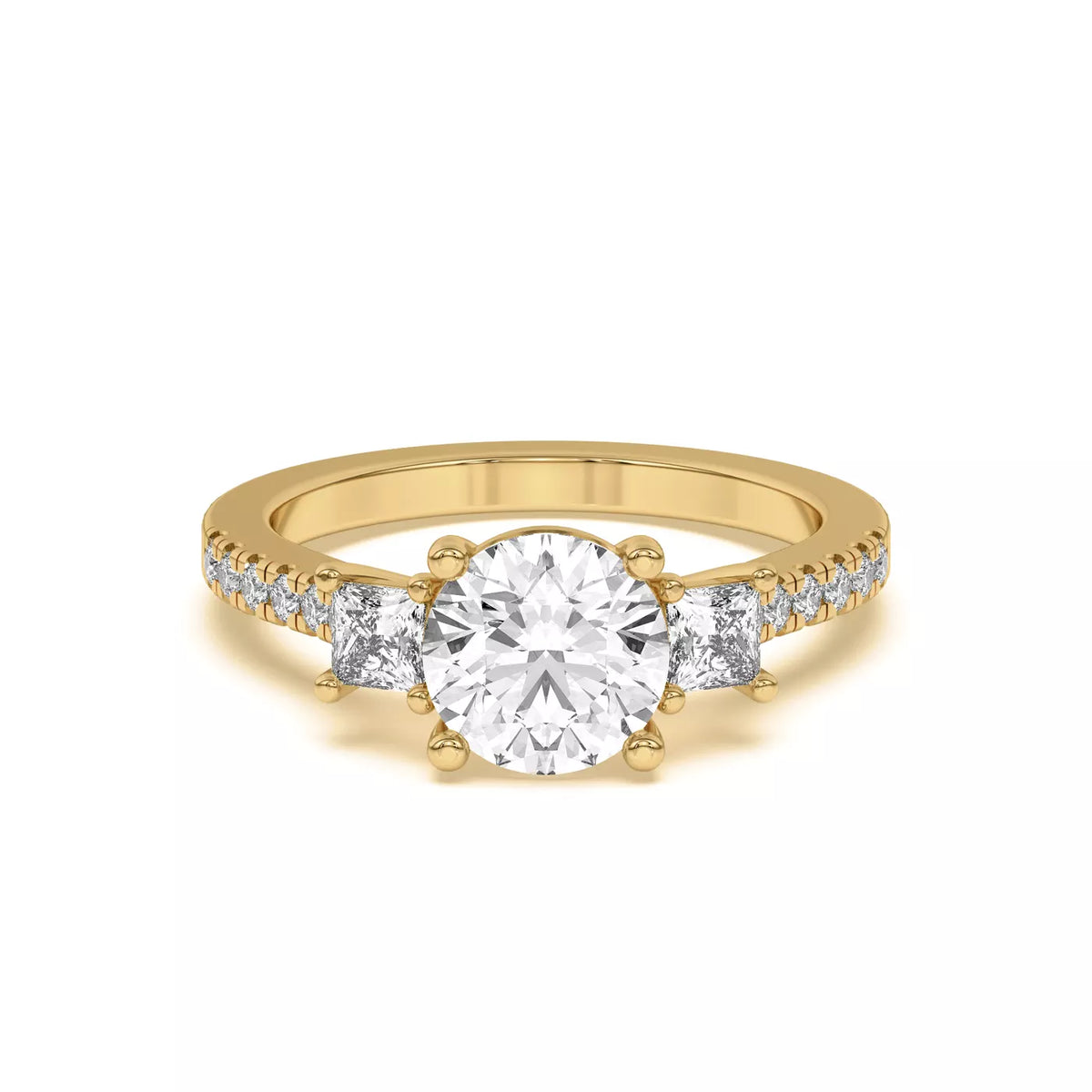 Tria Pavé Round cut and Side Stone Princess Lab Accent Three-Stone Ring