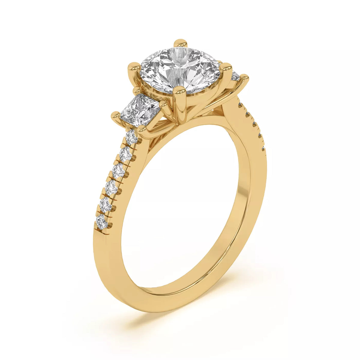 Tria Pavé Round cut and Side Stone Princess Lab Accent Three-Stone Ring
