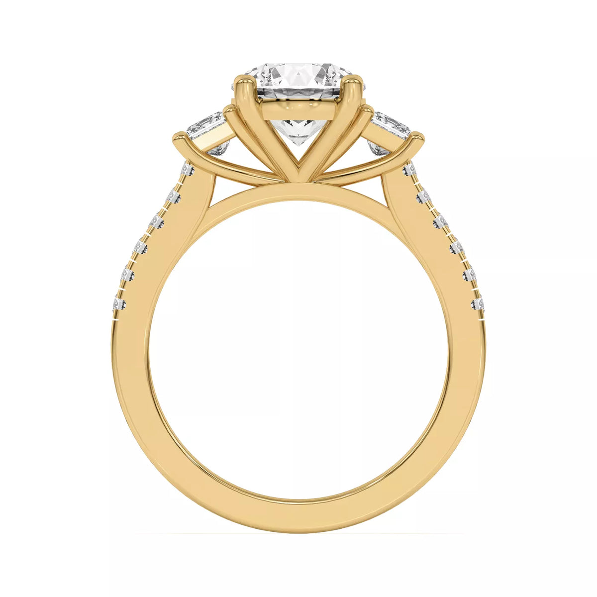 Tria Pavé Round cut and Side Stone Princess Lab Accent Three-Stone Ring