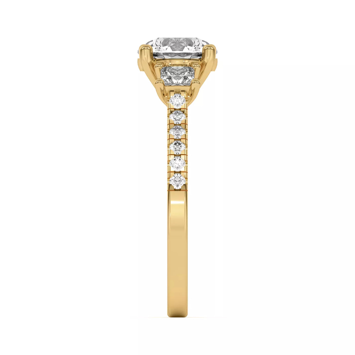 Tria Pavé Round cut and Side Stone Princess Lab Accent Three-Stone Ring