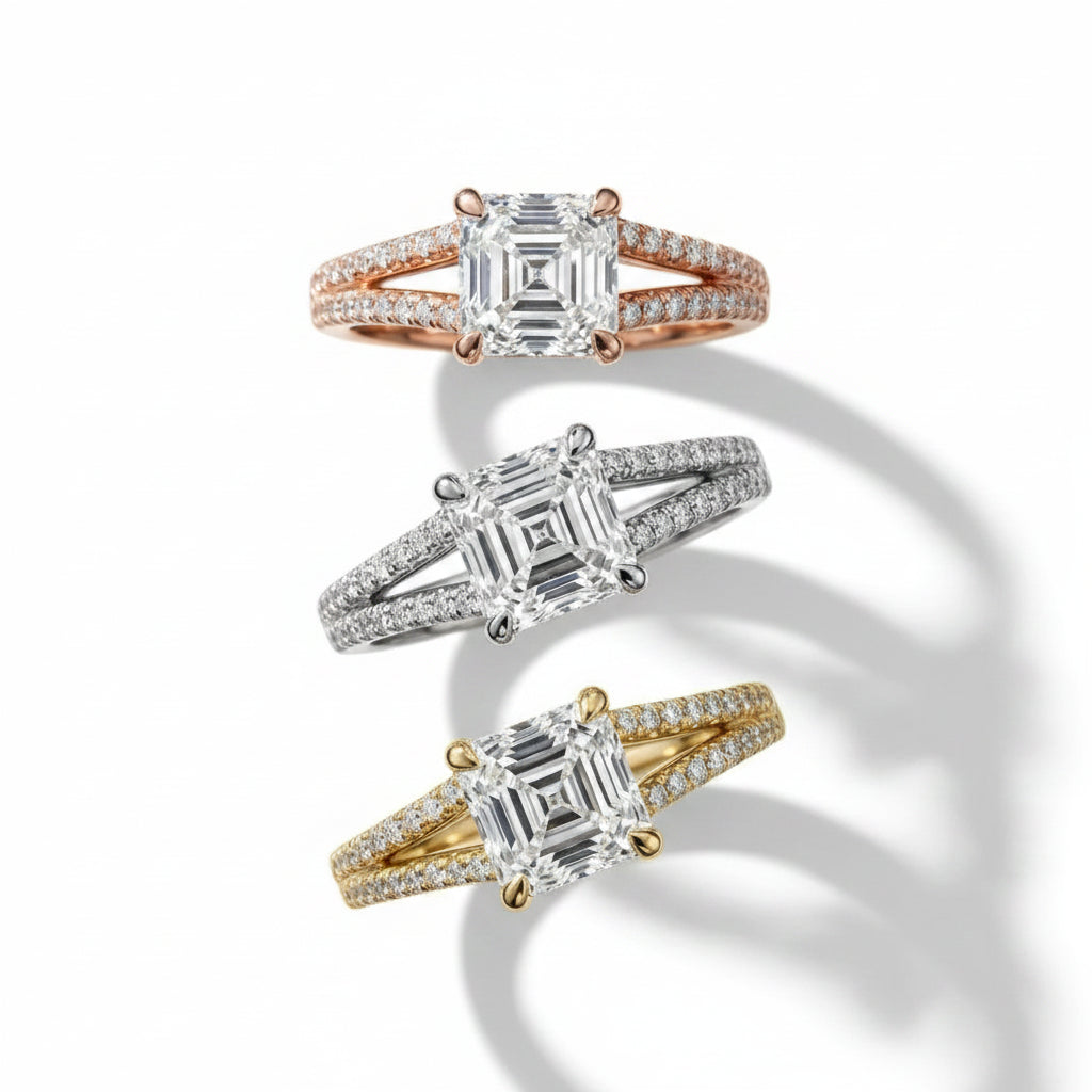 Asscher Cut Pavé Solitaire Engagement Ring – Lab Grown Diamond & Moissanite