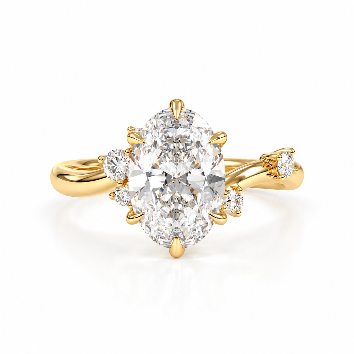 oval lab grown diamond engagement ring in gold, side profile
