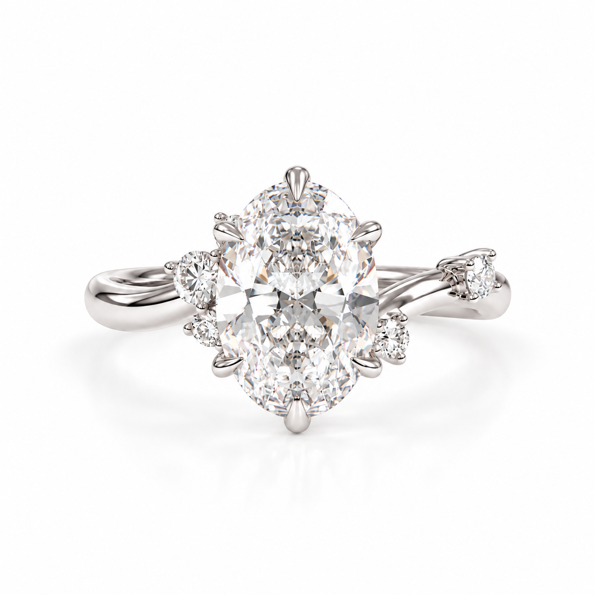 oval lab grown diamond engagement ring in gold, angled view