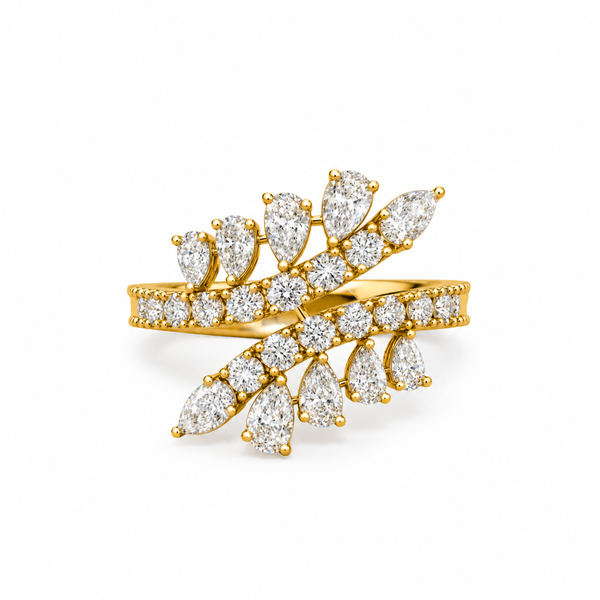 Pear Shape Moissanite & Lab Grown Diamond Floral Ring  Double Row Leaf Band
