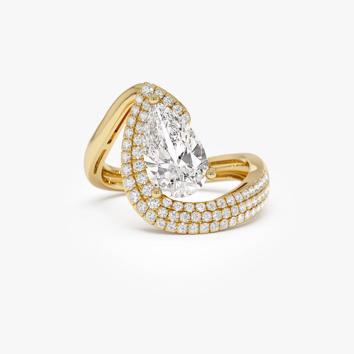 2ctw Pear Triple Row Pave Diamond Engagement Ring, Statement Bridal Ring, Unique Teardrop Diamond Ring