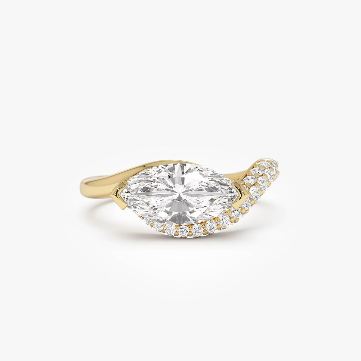 Curved Pavé Diamond Band Unique Gold Ring Modern Marquise Cut Ring