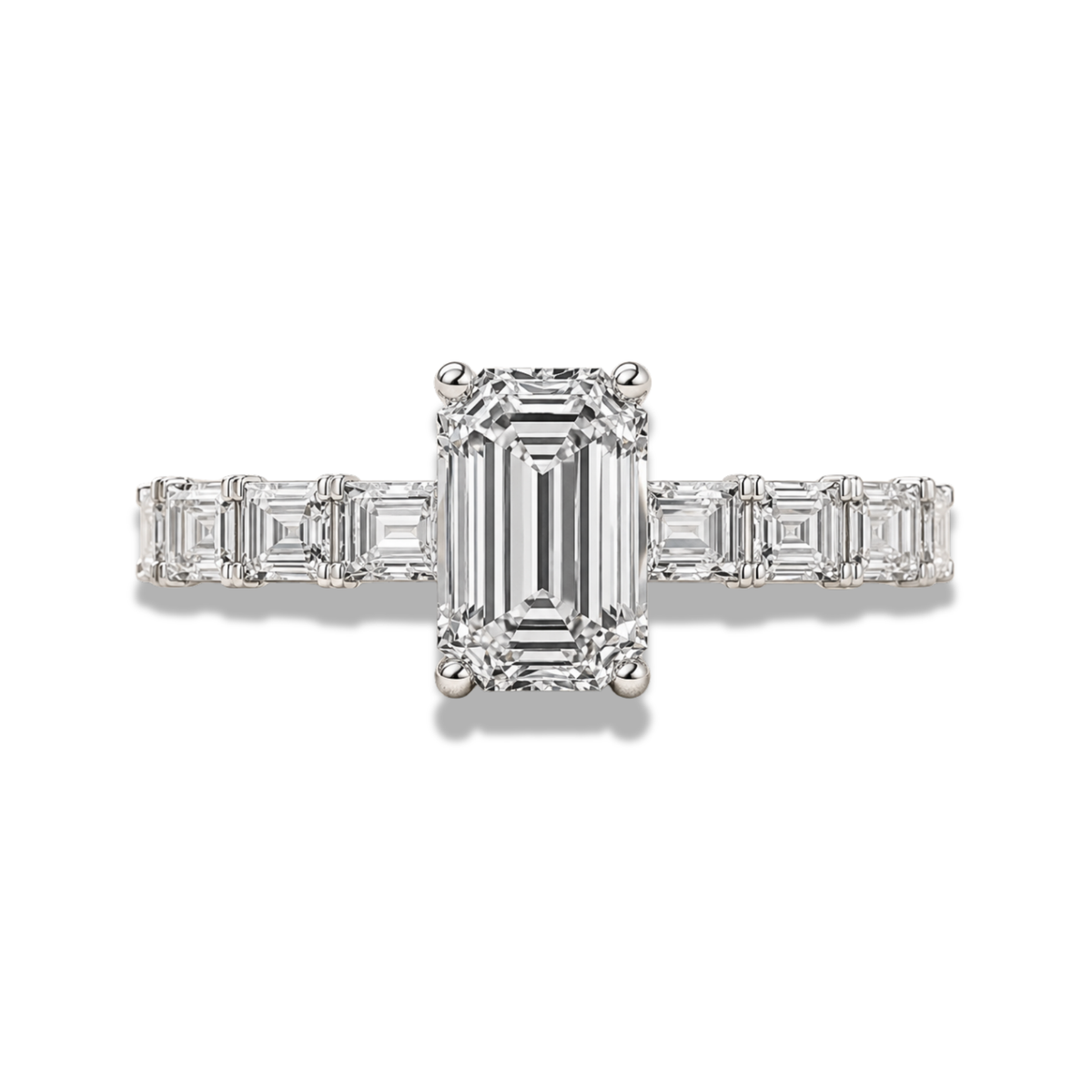 Emerald Cut Lab Grown Diamond Hidden Halo Engagement Ring with Baguette Side Stones
