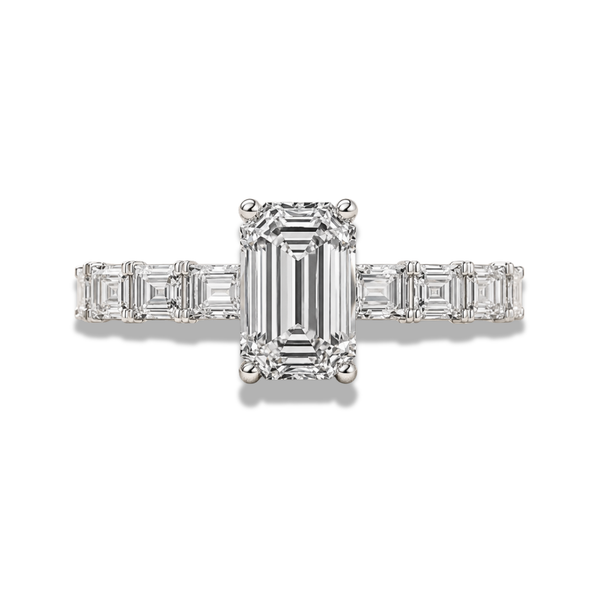 Emerald Cut Lab Grown Diamond Hidden Halo Engagement Ring with Baguette Side Stones