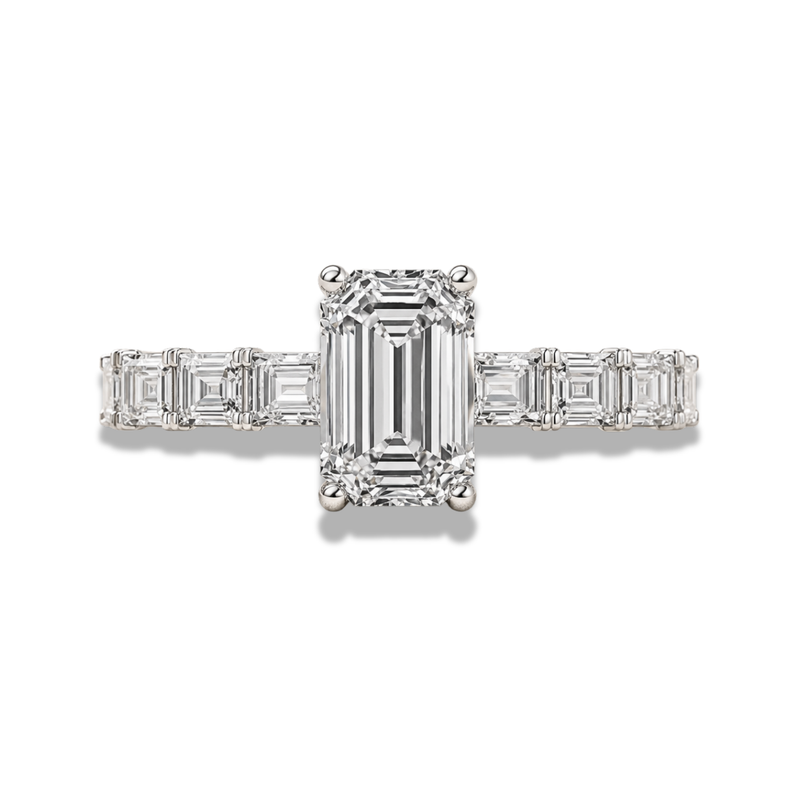 Emerald Cut Lab Grown Diamond Hidden Halo Engagement Ring with Baguette Side Stones