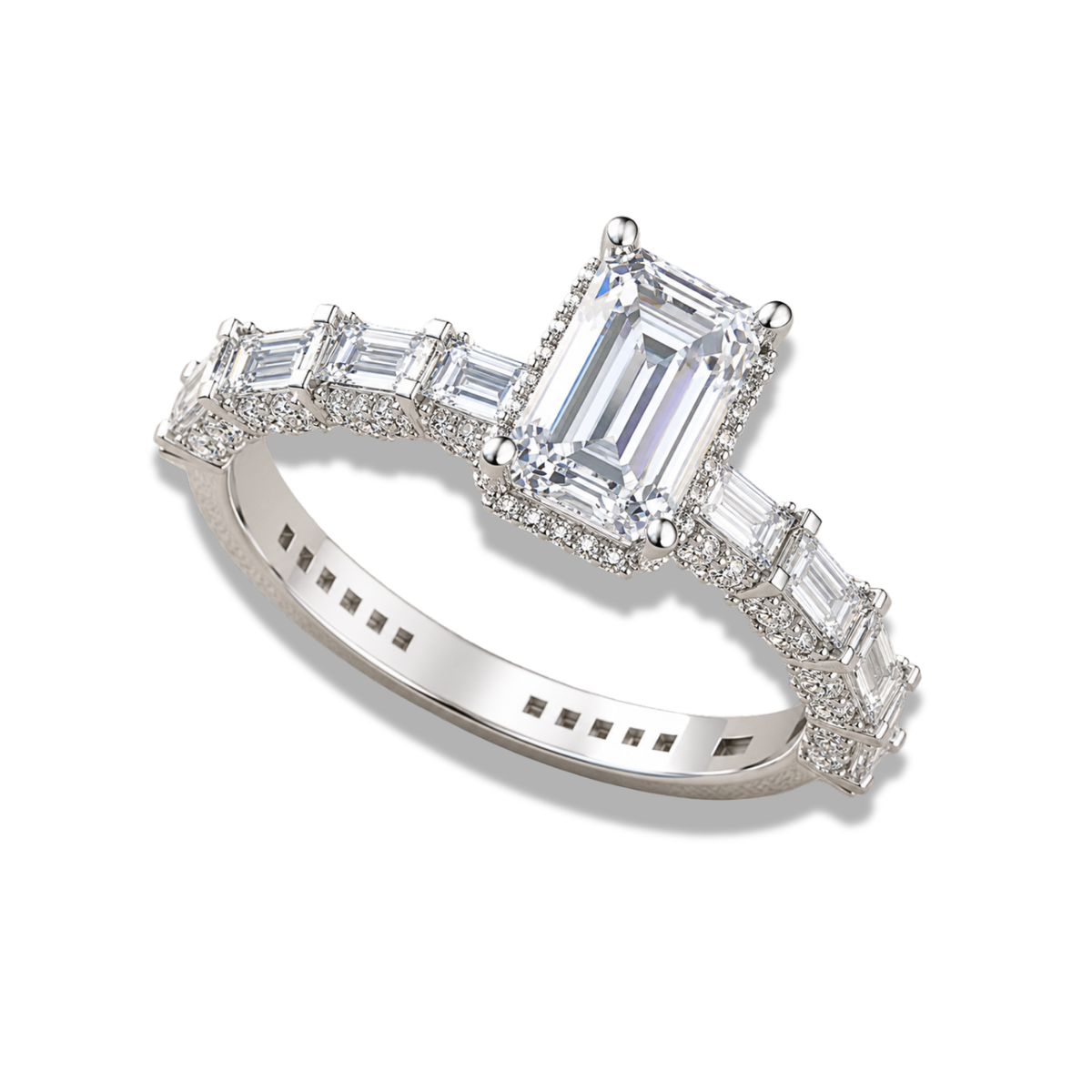 Emerald Cut Lab Grown Diamond Hidden Halo Engagement Ring with Baguette Side Stones