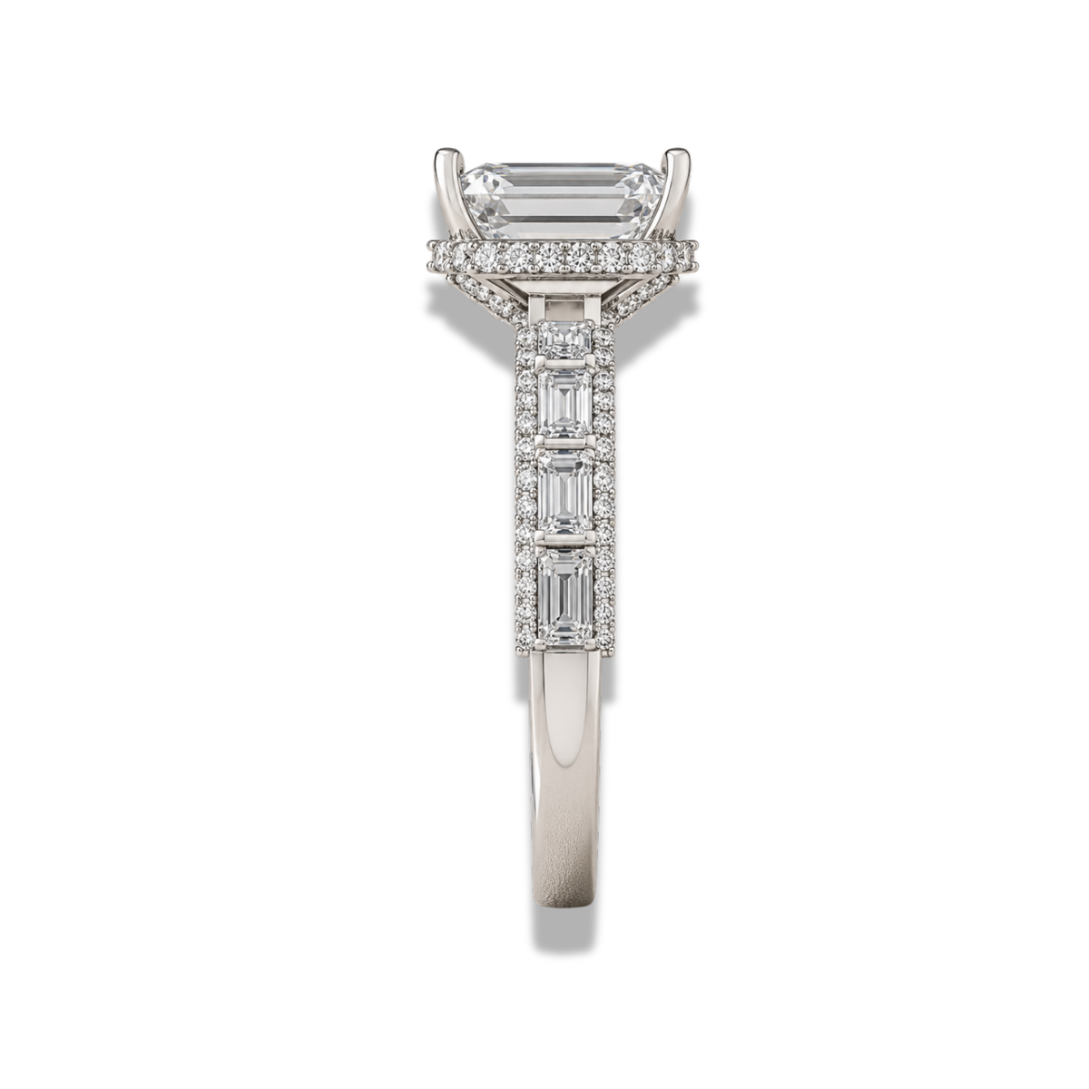 Emerald Cut Lab Grown Diamond Hidden Halo Engagement Ring with Baguette Side Stones