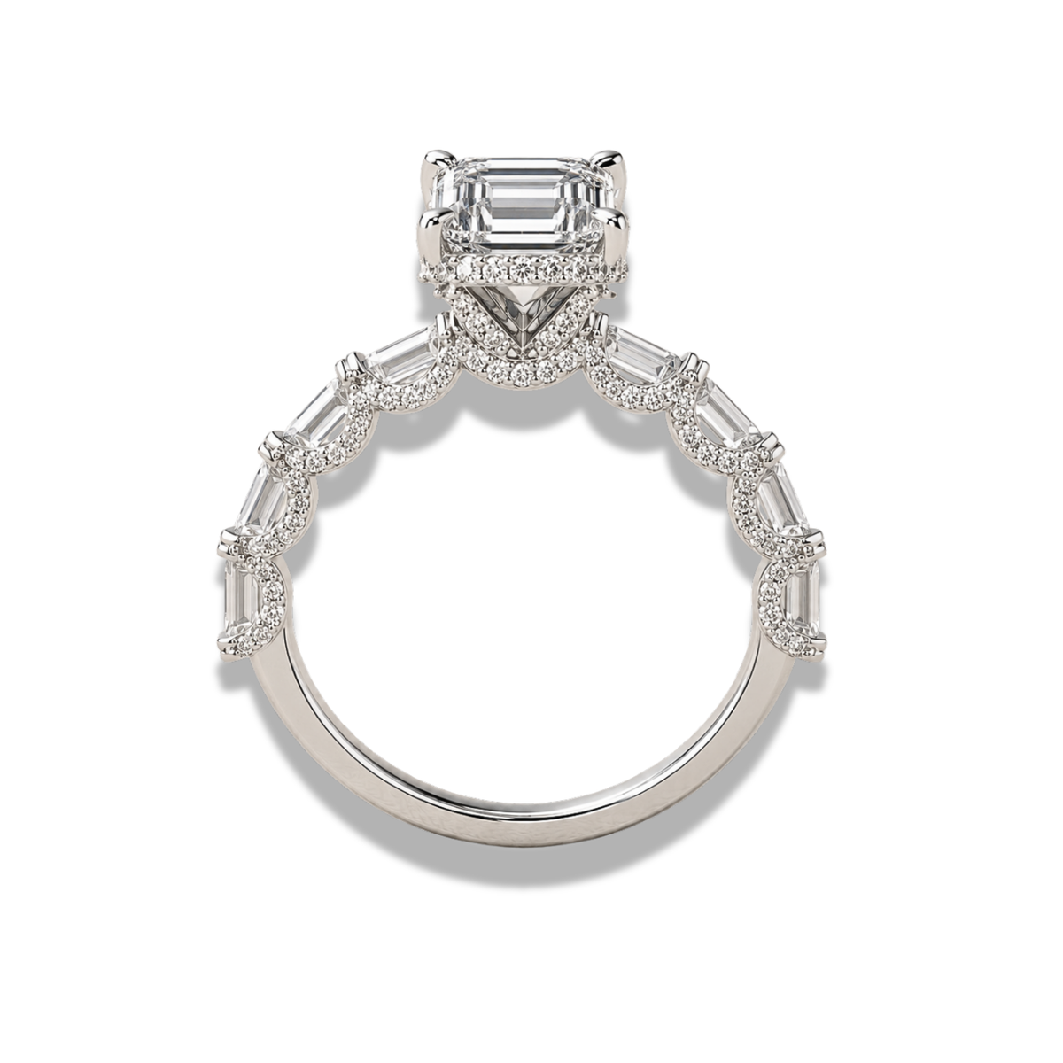 Emerald Cut Lab Grown Diamond Hidden Halo Engagement Ring with Baguette Side Stones