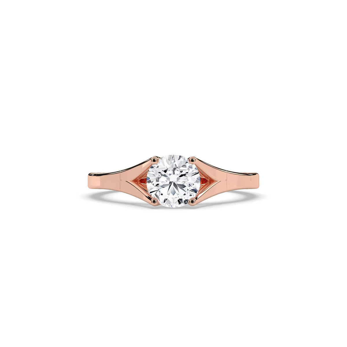 A rose gold engagement ring with a round-cut diamond set in a split-shank design, shown against a plain white background.