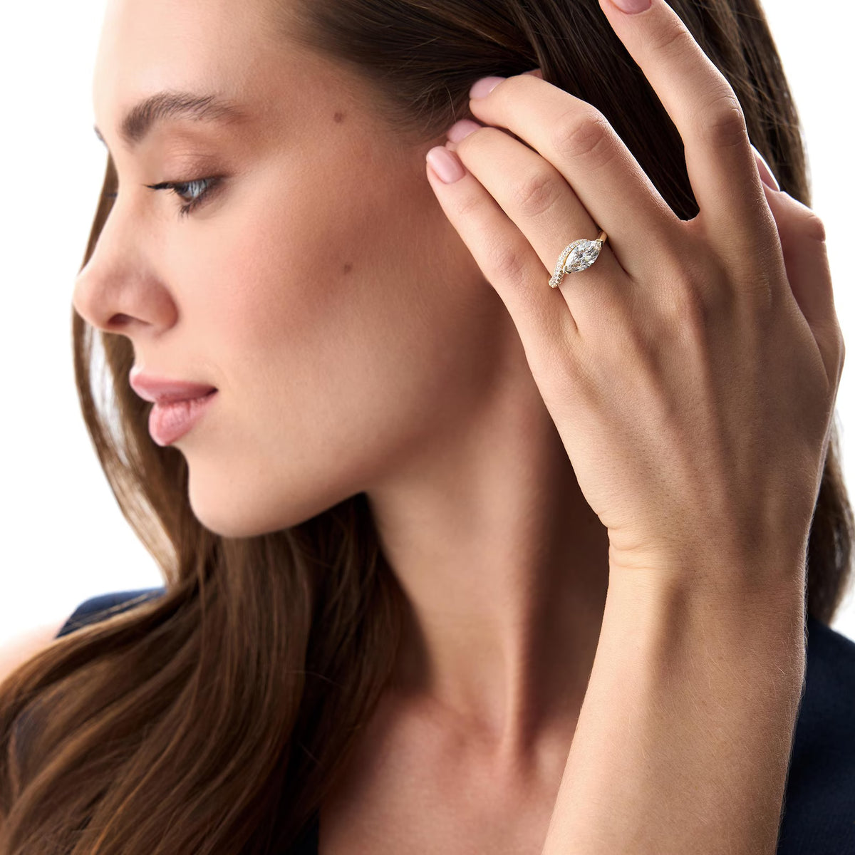 Curved Pavé Diamond Band Unique Gold Ring Modern Marquise Cut Ring