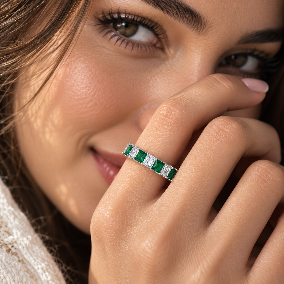 Green And White Princess Moissanite & Lab Grown Princess Square Cut Alternating Band Ring